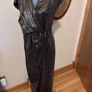 Gold/black full length dress.